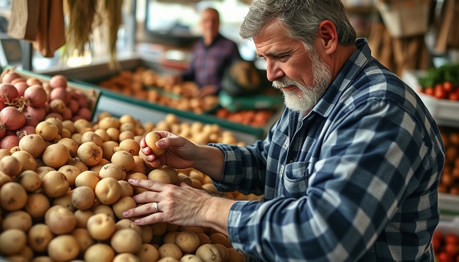 Person sorting potatoes at a market stall, assessing vegetable quality.