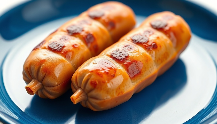 Browned Quorn sausages on a blue plate, close-up.