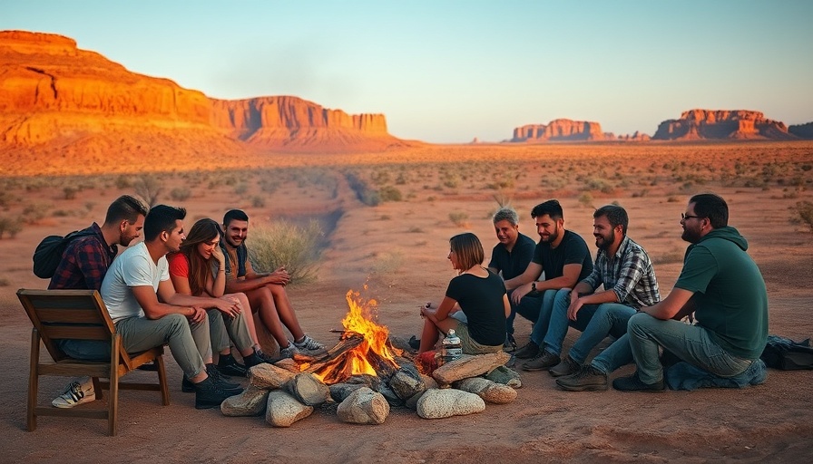 Diverse group in desert, Eating the invaders, campfire gathering