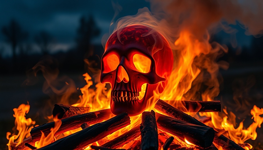 Skull-shaped smoke over burning timber signifies dangers.
