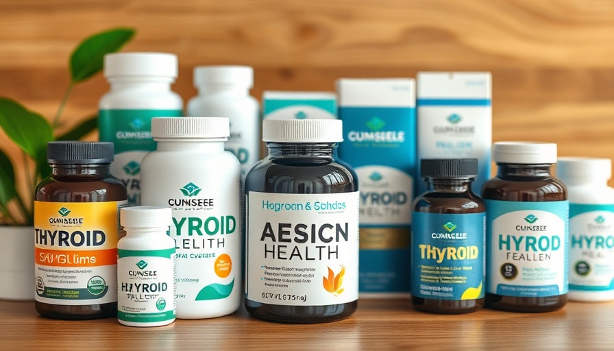 Collection of thyroid health supplements on a wooden table.