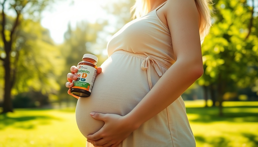 Pregnant woman with vitamin D bottle in sunlight, healthy outdoors.