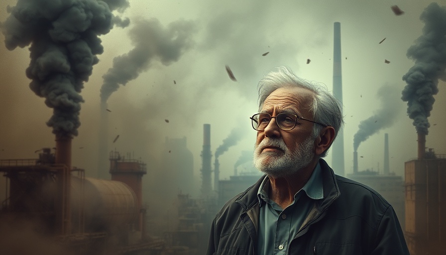 Elderly man amidst pollution pondering Environmental Toxins Aging Risks.