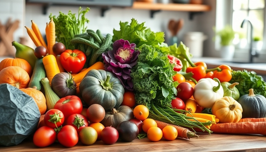 Fresh vegetables and fruits for gut health and blood sugar control on a kitchen table.