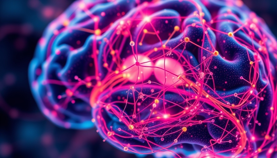 Abstract image of microplastics accumulating in brain, vibrant colors
