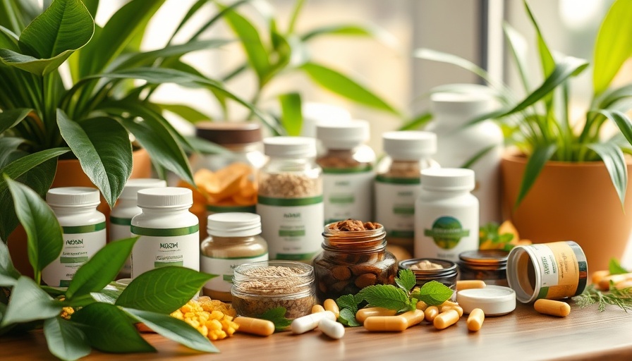 Assorted plant-based supplements for gut health on a wooden table with plants.