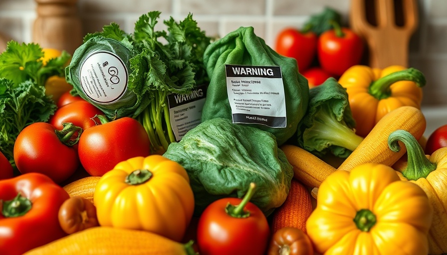 Vegetables labeled with warnings about harmful chemicals In food supply.
