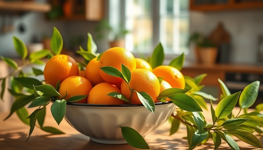 Fresh oranges on wooden table, emphasizing health benefits.