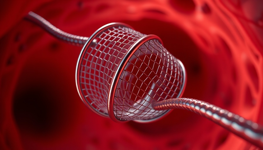 Photorealistic heart stent illustrating risks within blood vessel.