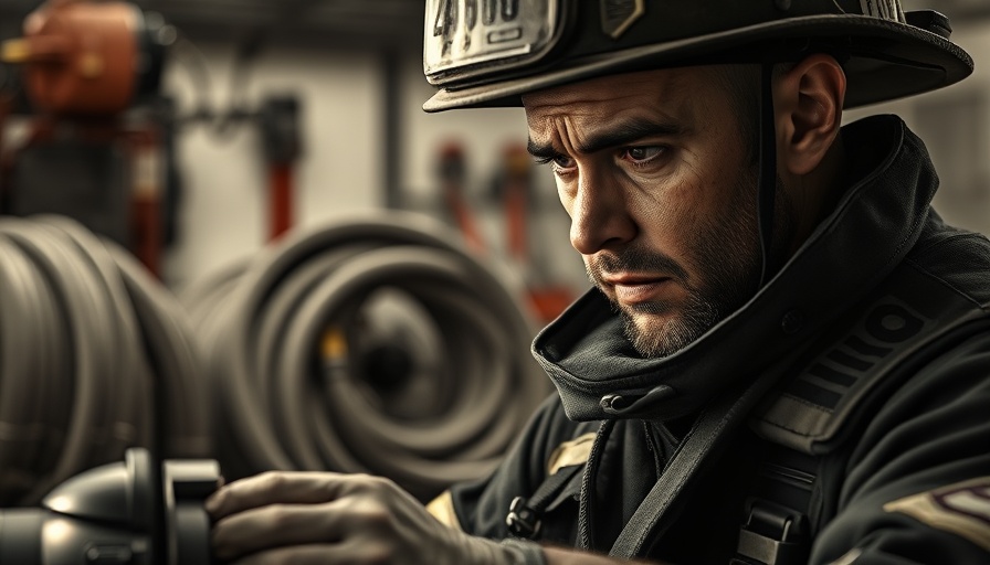 Firefighter examining gear linked to flame retardant concerns.