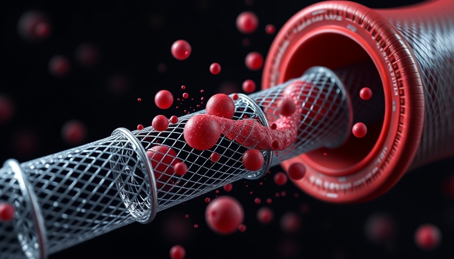 3D model of artery stent with blood cells for angina pain relief.