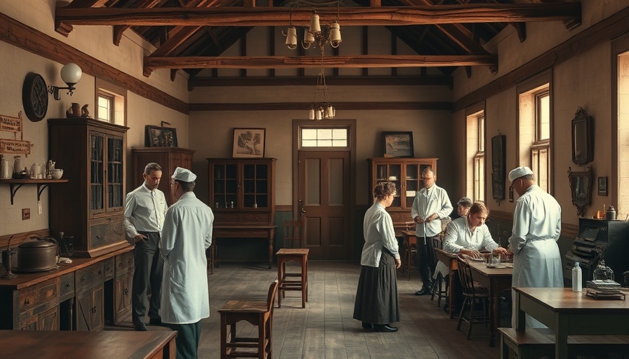 Historical public health clinic scene from a century ago.