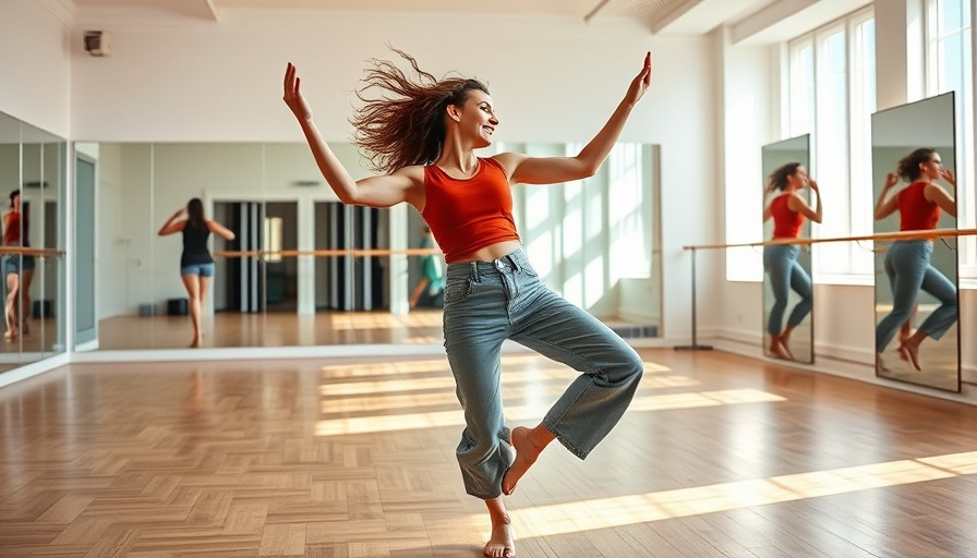 Young woman enjoying the health benefits of free-form dance in a studio.