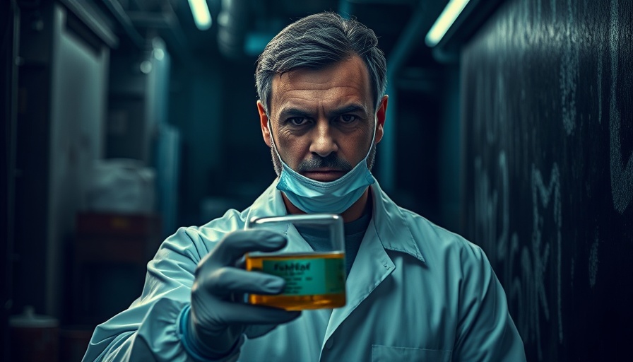 Testosterone crisis depicted with a serious man and a scientist in a contaminated industrial setting.