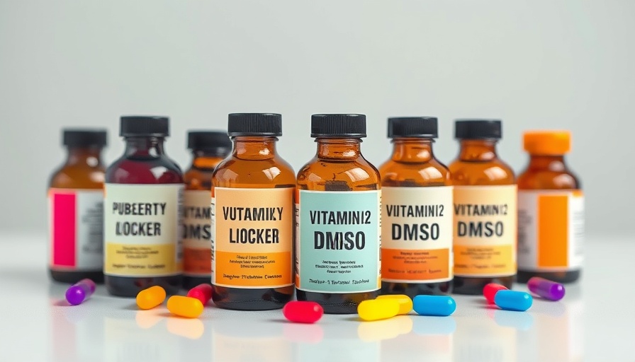 Puberty Blockers, Vitamin B12, and DMSO bottles on white surface.