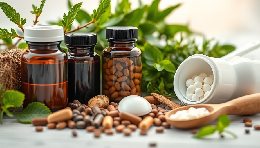 Assorted plant-based supplements next to dental tools for dental health.