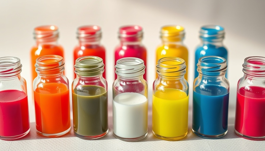 Vibrant artificial food dyes in glass bottles on wood surface.
