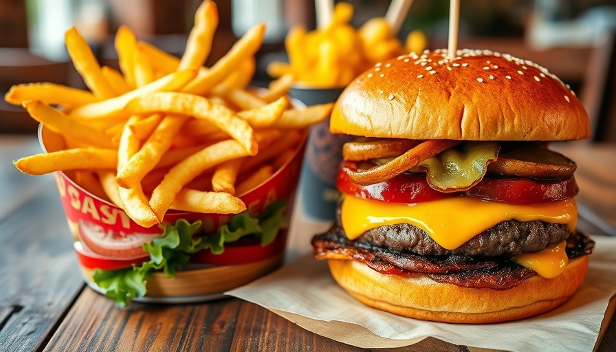 High-fat meal with burger and fries, highlighting diet impacts.