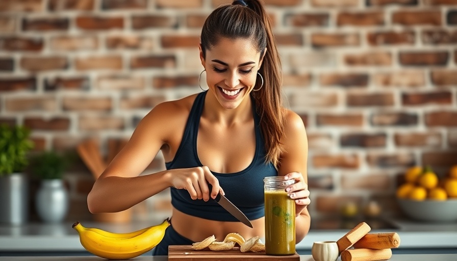 Athletic woman preparing smoothie with vegan protein powder in kitchen.