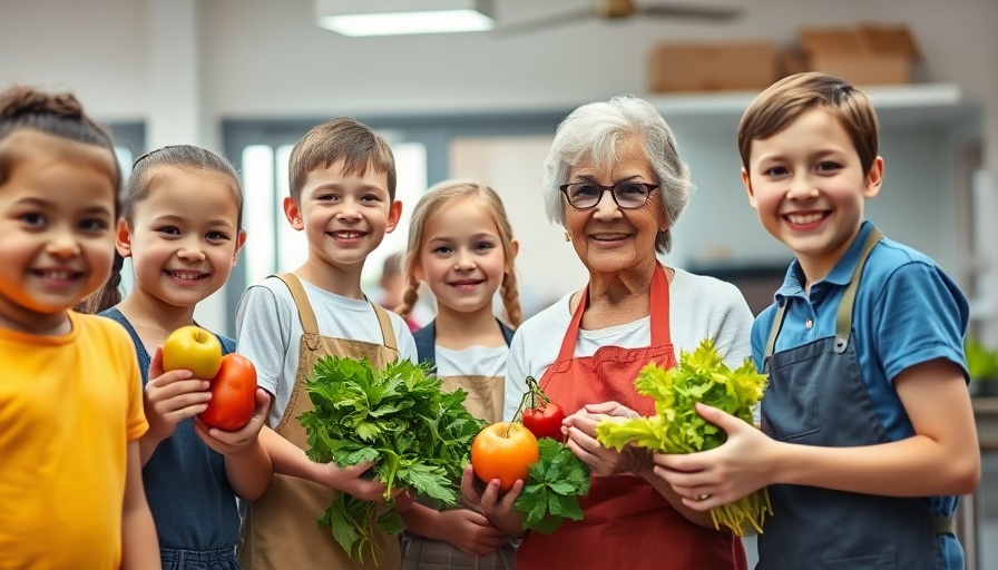 School children and elderly woman in a Kitchen Garden Program, smiling.