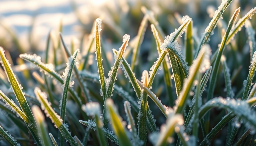 Close-up of frosty grass with ice, showcasing winter lawn care strategies.