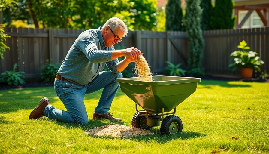 Man preparing lawn with spreader for lawn sports, backyard setting.