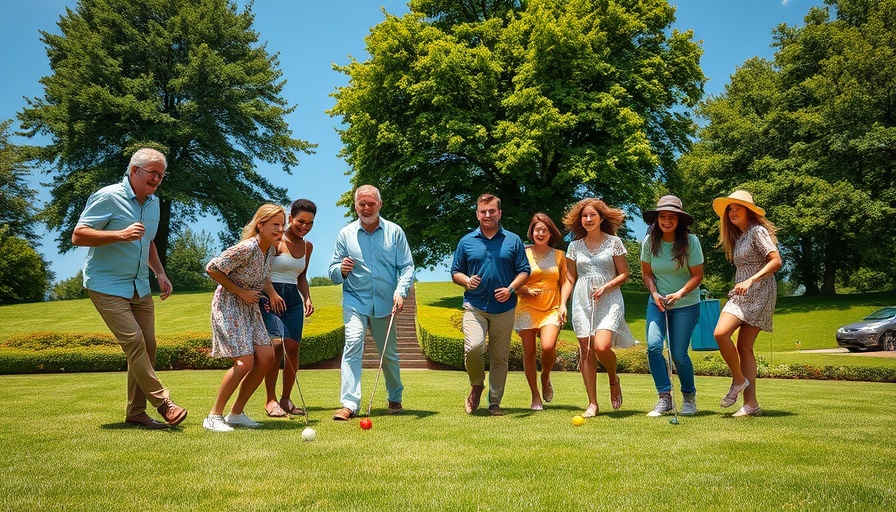 Group playing croquet on lush lawn with clear blue sky.