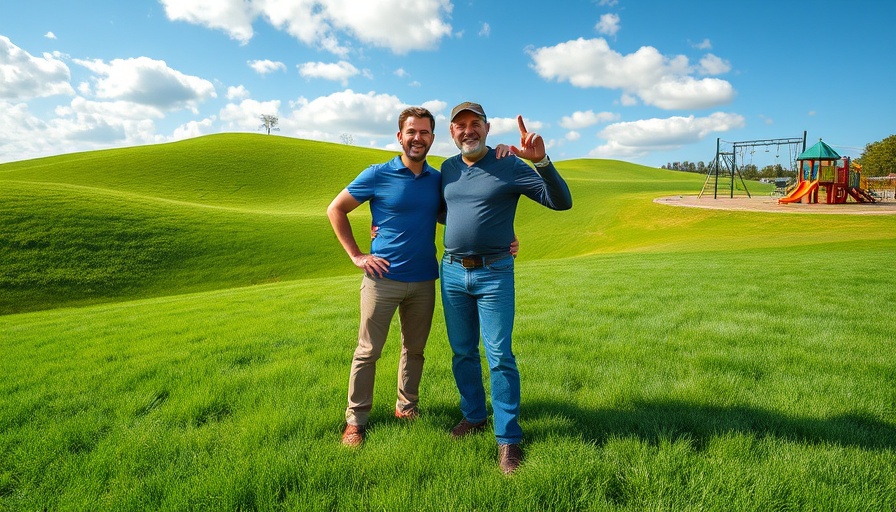 Two men on Zoysia grass solution site with playground.