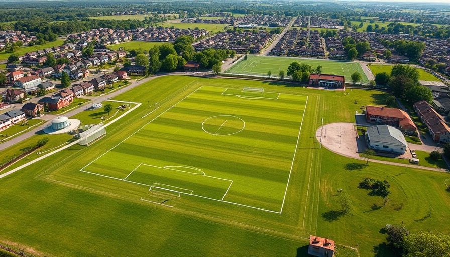 Aerial view of a lawn sports field and urban area