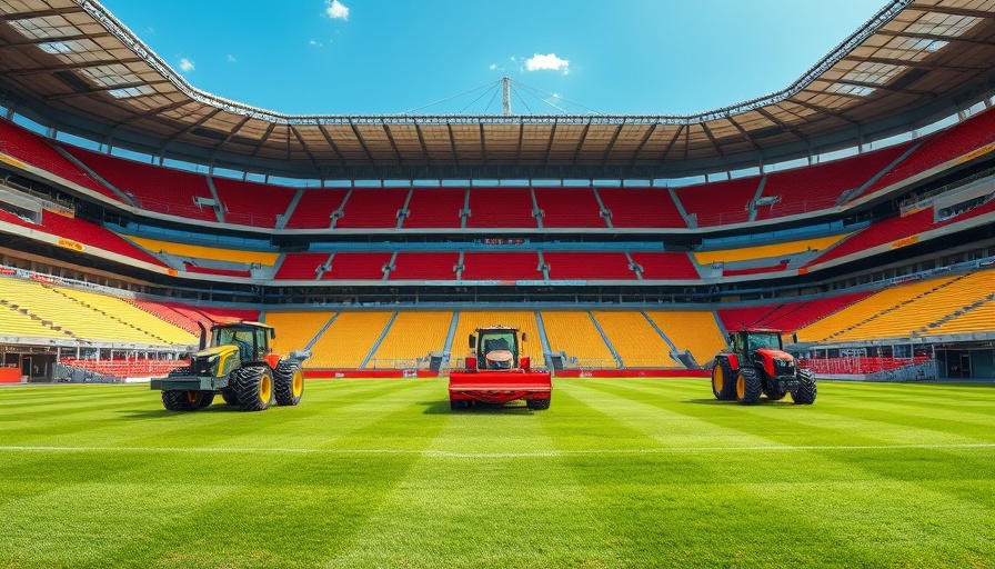 Tractors preparing a lawn sports field in a stadium