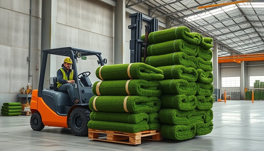 Vacuum cooling technology for turf: Forklift transporting turf rolls in a warehouse.