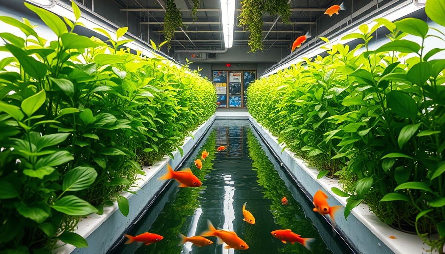 Urban gardens: vibrant aquaponic setup with plants and fish.