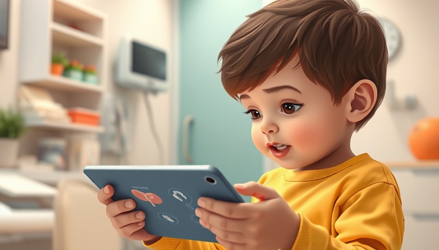 Child examining tablet with gut health visuals in medical setting.