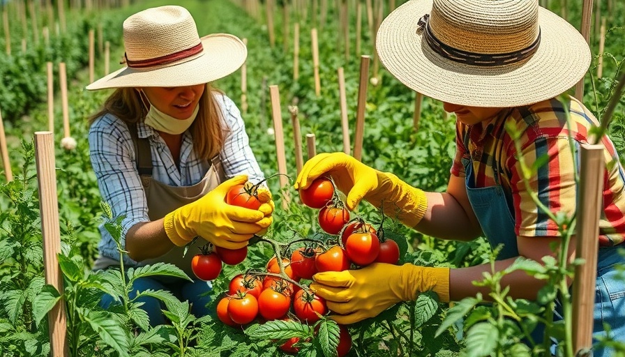 Two people harvesting tomatoes in a biodynamic garden.