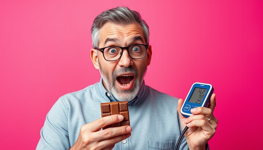 Surprised man holding chocolate and blood pressure monitor, bizarre mind-blowing health tricks.