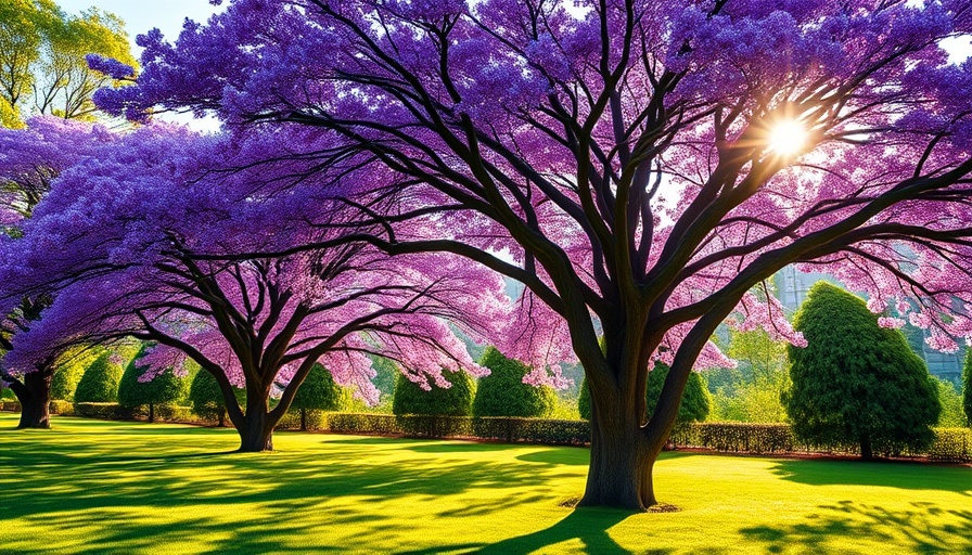 Vibrant purple flowering trees in Australian park casting shadows.