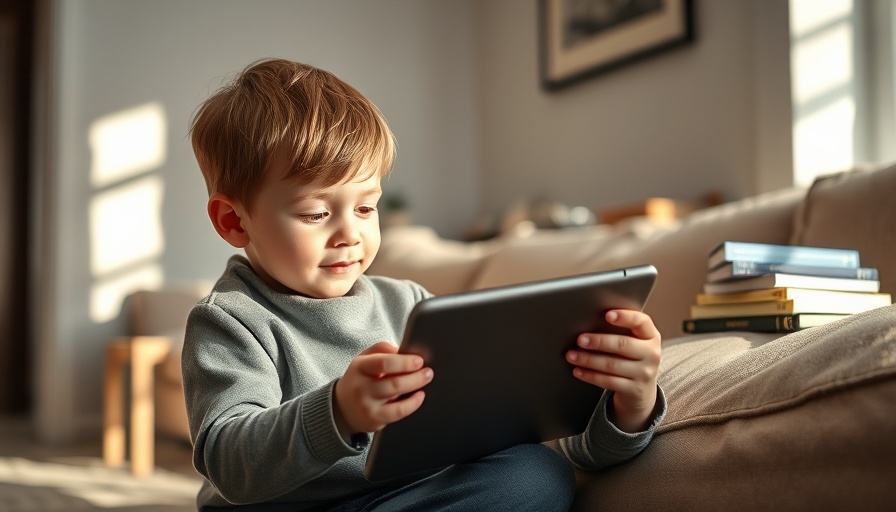 Child with tablet in modern living room, highlighting EMF exposure autism.