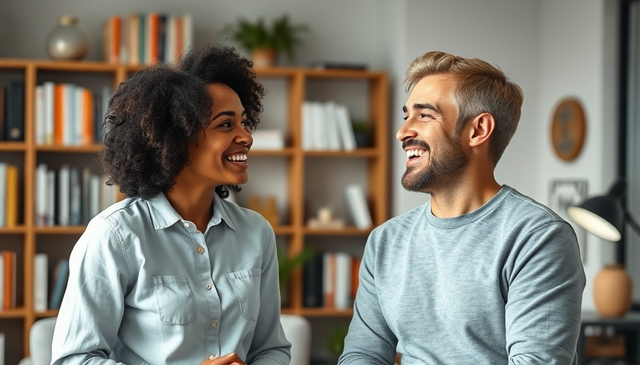 Smiling pair discussing olive oil quality in a home office.