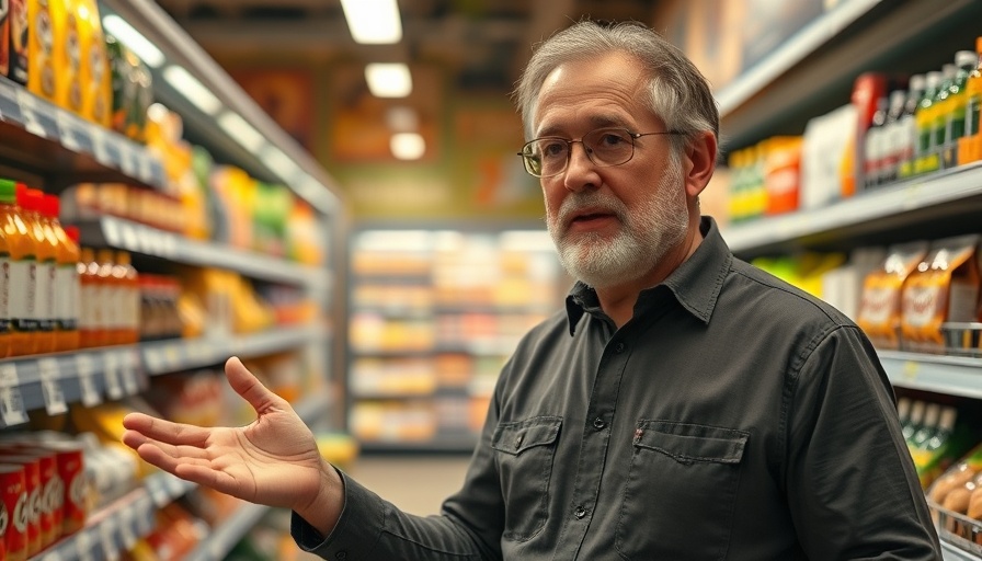 Middle-aged man explaining in a grocery aisle about coffee creamer contents.
