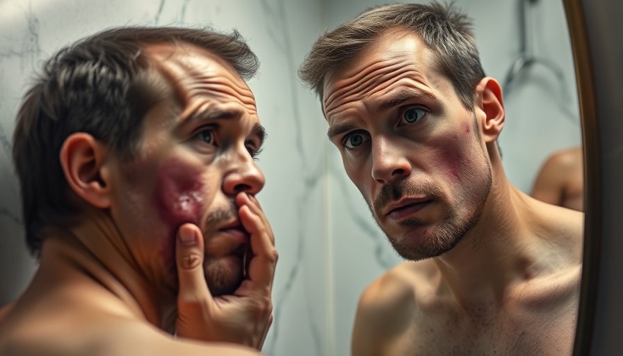 Man with visible signs of hormonal imbalance examining skin.