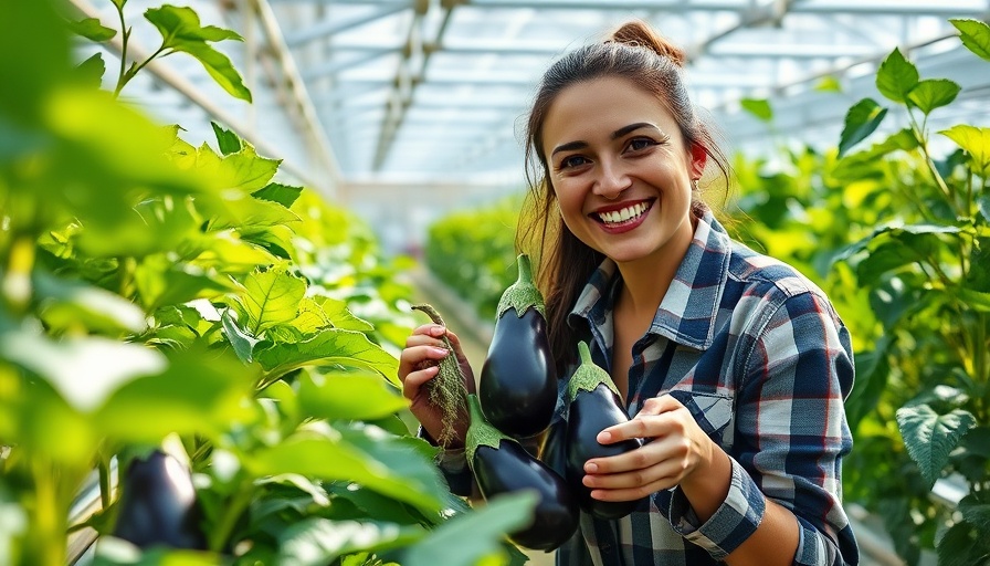Smiling woman harvesting eggplants in aeroponics sustainable farming.