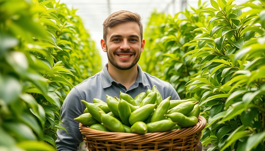 Aeroponic farming benefits showcased by man with fresh peppers.