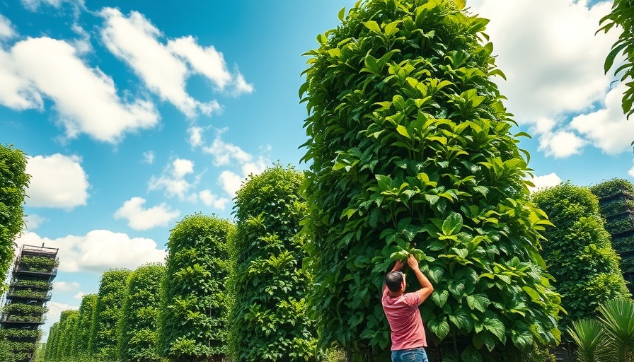 Person tending plants in vertical farming tower under bright sky.