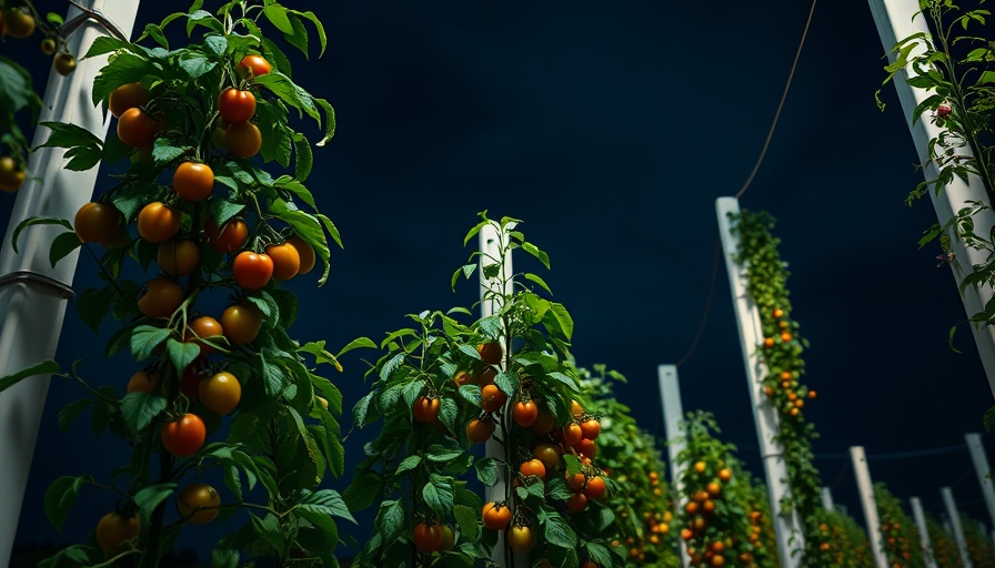 Vertical farming with tomatoes under night lights for sustainable agriculture.