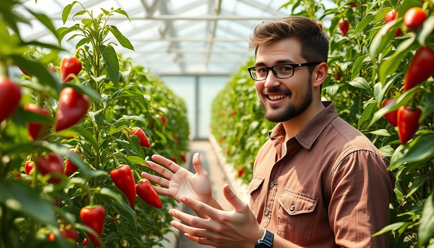 Enthusiastic young man in sustainable vertical farming setup with peppers.