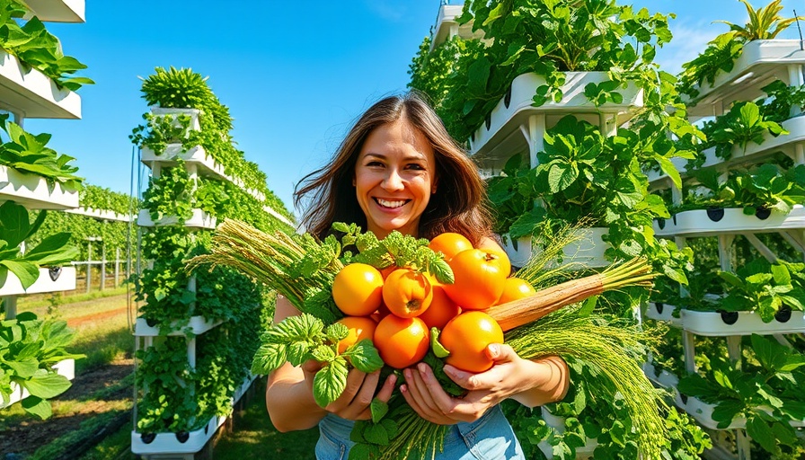 Woman in garden with vertical aeroponic towers and harvest.
