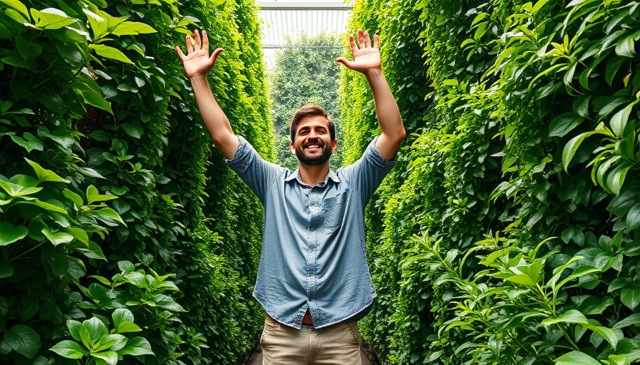 Lush vertical garden with man, promoting vertical farming sustainable food source.