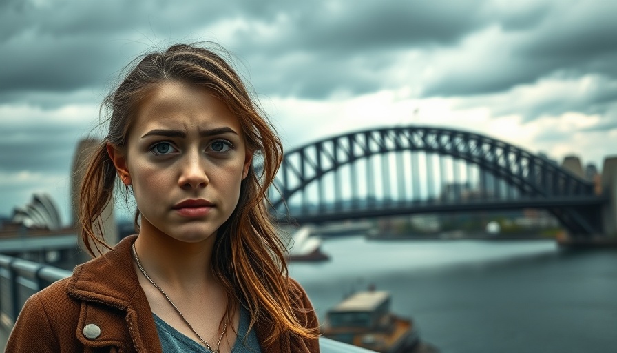 Concerned woman near Sydney bridge encapsulates Australian lifestyle and culture.