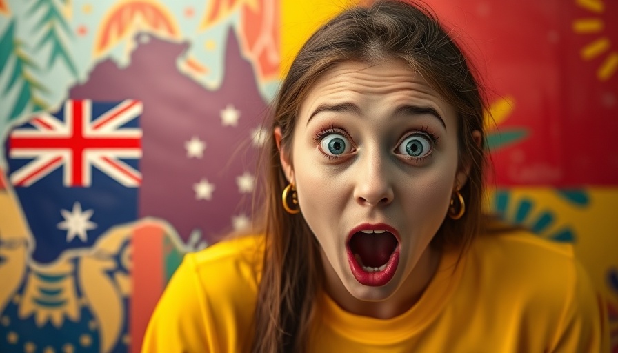 Surprised young woman with Australian map, highlighting culture.