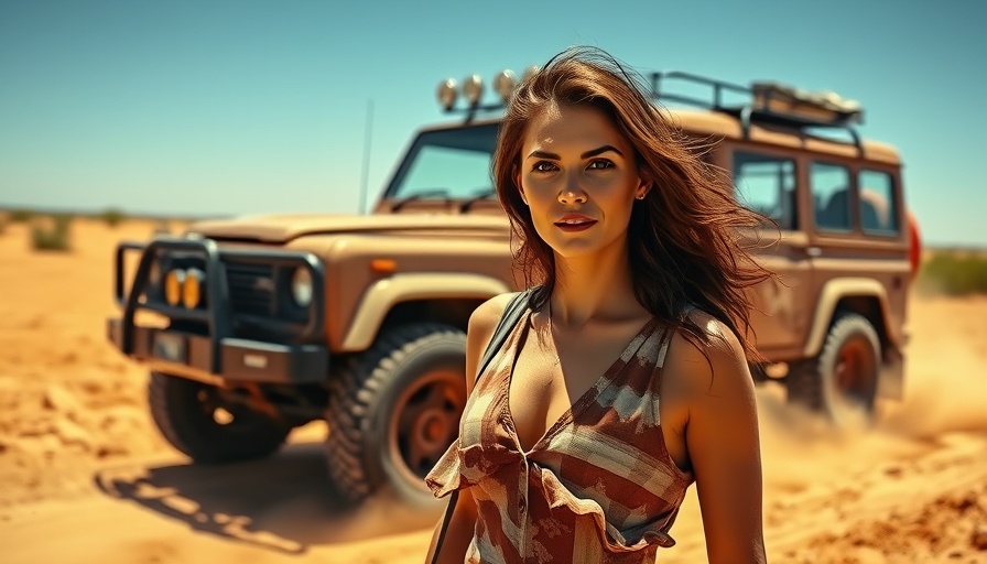 Dynamic Australian outback scene with woman and vehicle, capturing lifestyle and culture.